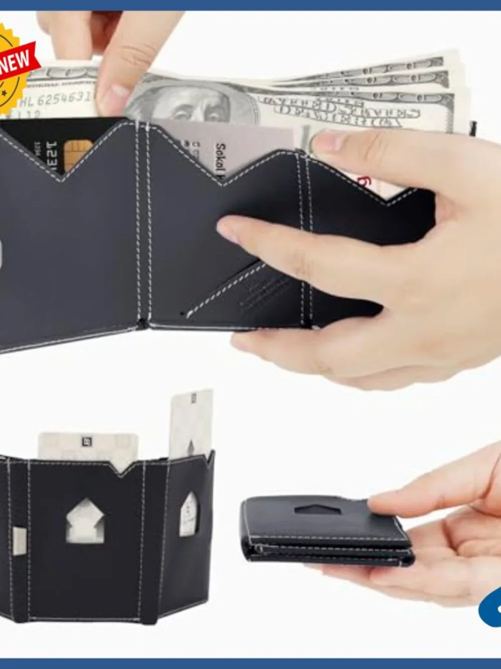 Genuine Leather RFID Blocking Slim Wallet Money Clip Tri-Fold Front Pocket
